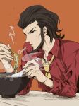  1boy alternate_costume beard black_hair blowing chopsticks eating facial_hair food hoyano_(maimai) jigen_daisuke lupin_iii male_focus medium_hair necktie noodles ramen red_shirt shirt smoke sweat 