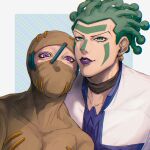  2boys bodysuit cioccolata earrings facepaint facial_mark green_eyes green_hair highres hospital_0434 jewelry jojo_no_kimyou_na_bouken makeup male_focus multiple_boys oasis_(stand) purple_eyes purple_lips secco stand_(jojo) vento_aureo 