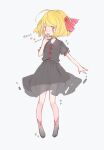  1girl alternate_costume artist_name black_legwear black_shirt black_skirt blonde_hair collared_shirt commentary_request hair_ribbon hand_on_own_face highres m_(m073111) red_eyes red_ribbon ribbon rumia sharp_teeth shirt shoes short_hair short_sleeves skirt solo teeth touhou translation_request twitter_username white_background wing_collar 