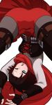  1girl belt brown_hair cape corset eyebrows_behind_hair fingerless_gloves gloves gradient_hair grey_eyes mike_inel miniskirt multicolored_hair one_eye_closed open_mouth pantyhose red_cape red_hair red_skirt ruby_rose rwby skirt solo transparent_background upside-down 