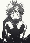  1boy blush bodysuit boku_no_hero_academia cho_mo_futoshi eyebrows_visible_through_hair greyscale hood hood_down looking_at_viewer male_focus mask mask_removed midoriya_izuku monochrome simple_background smile solo white_background 