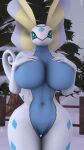  2020 3d_(artwork) 9:16 anthro aurorus big_breasts breasts digital_media_(artwork) dnrud12 featureless_breasts female fence fossil_pok&eacute;mon genitals hand_on_breast hi_res looking_at_viewer nintendo nude plant pok&eacute;mon pok&eacute;mon_(species) pok&eacute;morph pussy shiny_pok&eacute;mon smile snow solo standing tree video_games white_body 