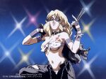  1990s_(style) 1996 1girl armband black_gloves blonde_hair blue_eyes bracelet breast_tattoo breasts chain chest_sarashi choker cleavage company_name drumsticks glasses gloves holding jacket jacket_removed jewelry long_hair maharaja_(megami_paradise) megami_paradise navel official_art open_clothes open_mouth panties pants retro_artstyle sarashi solo spiked_bracelet spikes studded_bracelet sunglasses tattoo torn_clothes underwear white_panties wristband yamauchi_noriyasu 