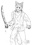  2017 5_fingers anthro biped black_and_white blood blood_on_weapon bodily_fluids bottomwear canid canine clothing dated fingers fluffy_ears fox front_view holding_machete holding_object holding_weapon inner_ear_fluff jacket machete male mammal mask melee_weapon monochrome neck_tuft pants signature skyelegs solo standing topwear tuft weapon 