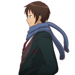  1boy black_jacket blue_scarf brown_cardigan brown_eyes brown_hair cardigan from_side hands_in_pockets jacket kyon male_focus mike_inel necktie red_necktie scarf solo suzumiya_haruhi_no_yuuutsu transparent_background upper_body 