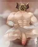 1boy abs bakura_(granblue_fantasy) bara clothes_lift draph erection feet_out_of_frame foreskin granblue_fantasy highres horns large_pectorals looking_at_viewer male_focus mask muscular muscular_male naked_towel nipples pectorals rick_penman sauna solo steam stomach sweat thick_thighs thighs topless_male towel towel_lift 