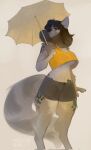  anthro blue_eyes bottomwear breasts brown_hair clothing digital_media_(artwork) eyewear female fluffy glasses gold_glasses hair hi_res holding_object holding_umbrella mellonbun orange_clothing orange_topwear pattern_clothing pattern_topwear round_glasses shaded shorts simple_background solo ssolo standing topwear umbrella under_boob 