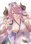  1girl blush breasts cleavage collarbone draph granblue_fantasy hair_over_one_eye highres horns japanese_clothes kimono large_breasts long_hair long_sleeves narmaya_(granblue_fantasy) open_mouth pink_hair pointy_ears smile solo teriton very_long_hair wide_sleeves 