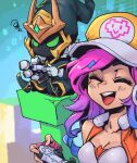  1boy 1girl :d arcade_miss_fortune black_headwear black_skin breasts cleavage closed_eyes collarbone colored_sclera colored_skin controller final_boss_veigar game_controller gloves green_sclera grey_gloves happy heart holding holding_controller jacket large_breasts league_of_legends miss_fortune_(league_of_legends) open_clothes open_jacket orange_headwear orange_jacket phantom_ix_row pink_hair playstation_controller sleeveless sleeveless_jacket smile squiggle teeth tongue upper_body upper_teeth veigar yordle 