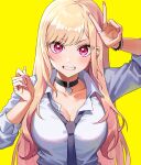  1girl :d arms_up black_choker black_necktie blonde_hair blush bracelet breasts choker cleavage collar collared_shirt ear_piercing eyebrows_visible_through_hair fake_nails fingernails gradient_hair grey_shirt grin highres jewelry kitagawa_marin large_breasts long_fingernails long_hair long_sleeves looking_at_viewer monza_(saeumon) multicolored_hair necktie parted_lips piercing pink_eyes pink_hair pink_nails ring school_uniform shirt simple_background smile sono_bisque_doll_wa_koi_wo_suru teeth v-shaped_eyebrows very_long_hair yellow_background 