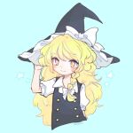  1girl artist_name bangs black_vest blonde_hair blue_background blush bow braid buttons collared_shirt frilled_hat frills hair_bow hand_on_headwear hat hat_bow kirisame_marisa long_hair looking_at_viewer m_(m073111) messy_hair shirt short_sleeves simple_background solo star_(symbol) swept_bangs symbol-only_commentary touhou vest white_bow white_shirt wing_collar witch_hat yellow_eyes 