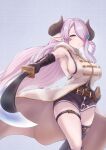  1girl armpits asymmetrical_gloves black_gloves black_legwear blue_eyes bottomless braid breasts draph elbow_gloves gloves granblue_fantasy hair_over_one_eye highres holding holding_weapon horns katana large_breasts light_purple_hair long_hair looking_at_viewer low_tied_hair narmaya_(granblue_fantasy) pointy_ears purple_hair sheath single_braid single_thighhigh sleeveless solo sword teriton thigh_strap thighhighs uneven_gloves weapon 