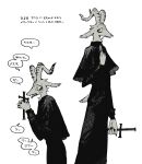  anthro bovid caprine caprine_demon clothed clothing cross demon goat_demon hi_res horn japanese_text male mammal monochrome mucknagabe priest solo text translation_request 