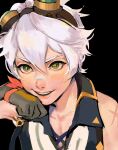  1boy armband bandaid bandaid_on_face bennett_(genshin_impact) bishounen determined genshin_impact gloves green_eyes hand_up highres kudsnk male_focus red_armband scar scar_on_arm scar_on_face short_hair smile solo upper_body white_hair 