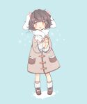  1girl animal_ears artist_name blue_background brown_hair clothing_request eyebrows_visible_through_hair floppy_ears highres inaba_tewi long_sleeves m_(m073111) orange_eyes pom_pom_(clothes) rabbit_ears scarf shoes short_hair socks solo sparkle touhou wavy_hair 