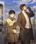  2boys beard black_pants blue_sky brown_coat brown_eyes brown_gloves brown_hair can canned_coffee city closed_mouth cloud coat commentary_request facial_hair father_and_son feet_out_of_frame fence glasses gloves grey_shirt hand_up highres ikari_gendou ikari_shinji long_sleeves male_focus multiple_boys neon_genesis_evangelion open_clothes open_coat outdoors pants parted_lips rott_ur shirt short_hair sky smile standing steam vending_machine white_shirt winter_clothes 