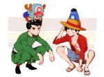  3boys animal hat horns hoyano_(maimai) looking_up male_focus monkey_d._luffy multiple_boys one_piece scared smile squatting sweat tony_tony_chopper urameshi_yusuke yu_yu_hakusho 