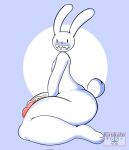  anthro big_butt big_penis blush butt digital_media_(artwork) feet foreskin genitals hi_res kirukato lagomorph leporid male mammal max_(sam_and_max) paws penis rabbit sam_and_max scut_tail sharp_teeth short_tail simple_background sitting smile solo teeth thick_penis thick_thighs vein veiny_penis white_body 