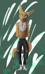  2018 3_toes anthro bedethingy big_ears canine chest_tuft clothed clothing digital_media_(artwork) digitigrade ear_tuft fennec fox fur green_eyes hands_behind_back male mammal myloxl_fherlioun orange_fur solo standing toes topless tuft white_fur 