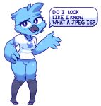  2019 4_fingers alpha_channel anthro avian beak bird blue_feathers bottomless breasts clothed clothing dialogue english_text eyelashes feathers featureless_crotch female hand_on_hip kiwihermit logo purple_eyes shirt smile solo speech_bubble standing t-shirt text tweetfur twitter 