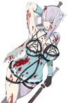  armpits arms_up bandage bandages blood bloody breasts cleavage female flower fura gloves green_eyes hair_ornament hermaphrodite kaine_(nier) lingerie long_hair nier nipples one_eye_closed pale_skin silver_hair simple_background solo sword tongue underwear weapon white_background wink 