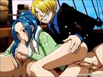  blue_hair fellatio from_behind nefertari_vivi one_piece ponytail sanji sex uncensored 