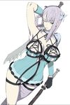  armpits arms_up bandage bandages breasts cleavage female flower fura gloves green_eyes hair_ornament hermaphrodite kaine_(nier) lingerie long_hair nier nipples one_eye_closed pale_skin silver_hair simple_background solo sword underwear weapon white_background wink 