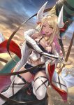  1girl bangs bare_shoulders belt blonde_hair blue_shorts blue_sky blush breasts cleavage cloud collarbone cuboon dark_skin draph elbow_gloves fur-trimmed_jacket fur_trim gloves granblue_fantasy horns jacket jewelry kuvira_(granblue_fantasy) large_breasts long_hair looking_at_viewer multicolored multicolored_hair multicolored_sky navel necklace off_shoulder open_mouth orange_sky pink_hair pointy_ears sandals short_shorts shorts sidelocks sky smile solo thighhighs twitter_username underwear white_jacket wide_sleeves 