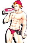  1boy abs bara baseball_cap belt belt_pouch blonde_hair bulge cap eyebrows facial_hair food green_eyes hat highres male male_focus muscle nipples pizza pizza_guy pubic_hair screencap simple_background smile solo stubble thick_eyebrows underwear white_background 