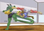  2019 action_pose amber_eyes anita_bigtime anthro avian big_breasts breasts claws cleavage cleavage_cutout clothed clothing dragon duo emma_(t-bone) female fight green_eyes green_scales gryphon inside kencougr kick markings muscular muscular_female on_one_leg pose raised_leg scales shirt shorts socks_(marking) sparring spread_legs spreading standing tight_clothing toe_claws 