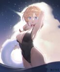  1girl :o absurdres arm_behind_head arm_up armpits backlighting bangs bare_hips black_swimsuit blonde_hair blue_eyes breasts cai_bi casual_one-piece_swimsuit choker cleavage covered_navel cowboy_shot eyebrows_visible_through_hair highleg highleg_swimsuit highres holding innertube large_breasts long_hair looking_at_viewer low_ponytail one-piece_swimsuit open_mouth original parted_bangs red_choker solo swimsuit wading water wet 