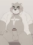  2022 absurd_res anthro balls belly big_belly brown_body censored clothed clothing cute_fangs erection eyewear genitals glasses hi_res humanoid_genitalia humanoid_hands humanoid_penis kemono male mammal open_clothing open_shirt open_topwear overweight overweight_male penis shirt sitting solo topwear ursid zuboboz 