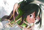  1girl :&gt; asui_tsuyu bodysuit boku_no_hero_academia breasts dutch_angle eyebrows_visible_through_hair frog_girl gloves green_bodysuit green_eyes green_hair hair_between_eyes hair_rings highres long_hair long_tongue low-tied_long_hair medium_breasts nakamu_405 solo tongue twitter_username white_gloves 