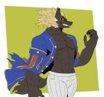  anthro atlus black_sclera blonde_hair canid canine clothing coat hair hi_res loup-garou_(megami_tensei) male mammal megami megami_tensei reagan700 solo topwear video_games were werecanid werecanine werewolf yellow_eyes 