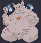  2022 anthro belly big_belly black_nose blush canid canine dragon_night800 fox hi_res humanoid_hands kemono male mammal moobs nipples overweight overweight_male simple_background solo 