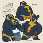  2022 absurd_res anthro belly big_belly black_body black_nose bottomwear clothing duo embrace english_text hi_res hug lentejota6 male mammal moobs nipples overweight overweight_male shorts sitting solo spectacled_bear text tremarctine ursid 