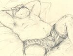  2014 anthro armpit_hair belly body_hair bulge canid canine clothing diru11 kemono lying male mammal moobs navel overweight overweight_male raccoon_dog sketch solo tanuki underwear 