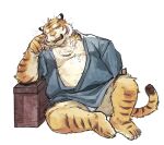  2022 anthro beau_555 belly big_belly clothing eyes_closed felid humanoid_hands kemono male mammal overweight overweight_male pantherine sitting solo tiger underwear white_clothing white_underwear 