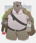  2022 anthro band-aid bandage belly big_belly black_nose bottomwear brown_body clothing hi_res horn humanoid_hands kemono male mammal overweight overweight_male pants shirt solo topwear ursid whitebeast20 