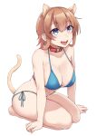  1girl absurdres animal_ears bikini blue_bikini blue_eyes breasts cat_ears cat_tail cleavage collarbone eyebrows_visible_through_hair fingernails full_body hair_between_eyes highres kantai_collection kiritto light_brown_hair open_mouth seiza short_hair side-tie_bikini simple_background sitting solo swimsuit tail teruzuki_(kancolle) tongue tongue_out upper_body white_background 