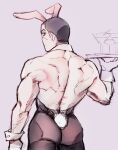  1boy animal_ears ass back bara black_eyes black_hair buzz_cut facial_hair frown goatee golden_kamuy holding male_focus mugisennbei-you muscular muscular_male playboy_bunny rabbit_ears rabbit_tail short_hair solo stubble tail tsukishima_hajime very_short_hair wrinkled_skin 