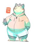  2014 anthro belly big_belly biped blush bottomwear clothing cute_fangs eyes_closed hoodie kernelewdies nintendo pok&eacute;mon pok&eacute;mon_(species) shorts simple_background snorlax solo topwear unavailable_at_source video_games 