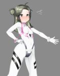  absurdres ahoge black_hair bodysuit cosplay double_bun evangelion:_3.0+1.0_thrice_upon_a_time forehead green_hair grey_background hand_on_hip highres kantai_collection long_hair makinami_(kancolle) makinami_mari_illustrious makinami_mari_illustrious_(cosplay) maru_(marg0613) multicolored_hair namesake neon_genesis_evangelion pilot_suit plugsuit rebuild_of_evangelion simple_background standing white_bodysuit 