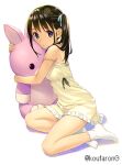  1girl bangs bare_arms bare_shoulders black_hair blue_eyes breasts commentary_request dress eyebrows_visible_through_hair frilled_dress frills full_body koutaro long_hair looking_at_viewer no_shoes object_hug original parted_lips shadow side_ponytail sitting small_breasts socks solo strap_slip stuffed_animal stuffed_bunny stuffed_toy thighs twitter_username white_background white_legwear yellow_dress yokozuwari 