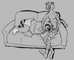  2022 anthro clothing duo eyes_closed felid furniture lying male male/male mammal nipples osos overweight overweight_male procyonid raccoon sitting sofa underwear 