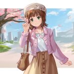  1girl alternate_costume amami_haruka bag bangs blunt_bangs blush brown_hair brown_skirt cherry_blossoms dubu_(solidg_72) falling_petals green_eyes handbag idolmaster idolmaster_(classic) idolmaster_million_live! jacket light_brown_hair looking_at_viewer outdoors petals pink_jacket skirt solo 