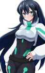  1girl absurdres belt black_belt black_bodysuit black_hair blush bodysuit breasts covered_navel floating_hair frown green_eyes gundam gundam_build_divers gundam_build_divers_re:rise hair_behind_ear hand_on_hip highres long_hair looking_to_the_side may_(gundam_build_divers_re:rise) medium_breasts shrug_(clothing) solo taiyoshi very_long_hair 