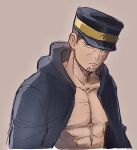  1boy abs bare_pectorals black_eyes black_hair buzz_cut facial_hair frown goatee golden_kamuy hat highres hooded_coat kepi looking_at_viewer male_focus military_hat mugisennbei-you muscular muscular_male open_clothes pectorals short_hair solo stubble tsukishima_hajime very_short_hair wrinkled_skin 