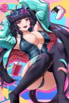  1girl absurdres animal_ear_fluff animal_ears aqua_jacket bangs black_hair breasts cat_ears cat_girl cat_tail highres indie_virtual_youtuber jacket large_breasts long_hair nyana_(vtuber) open_clothes open_jacket pink_eyes playstation_controller sunglasses tail thighhighs thighs very_long_hair 