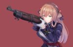  blue_jacket brown_hair dress girls&#039;_frontline gloves gun hair_rings highres holding holding_weapon jacket long_hair m1903_springfield martinreaction red_background sidelocks springfield_(girls&#039;_frontline) weapon white_dress white_gloves 